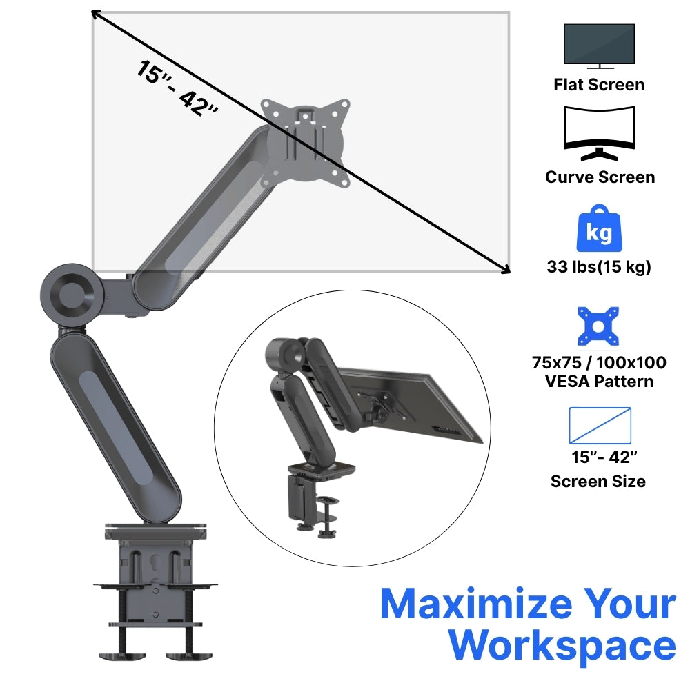 UNIQ MOUNTS Heavy Duty Premium | 13-42 Inch Gas Spring Single Monitor Arm