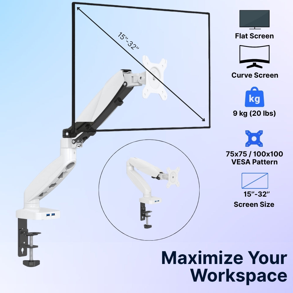 UNIQ MOUNTS Economical Arm Single Spring Assisted White With 2 USB Port