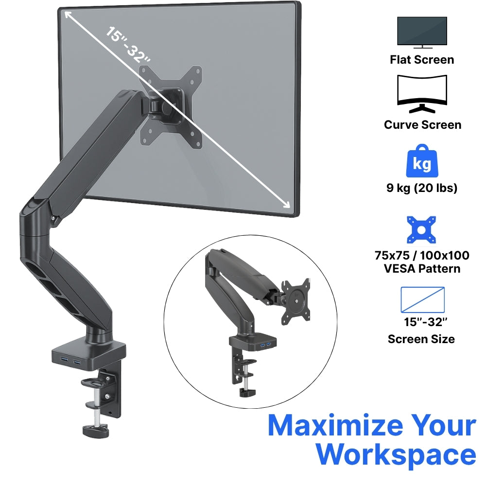 UNIQ MOUNTS™ Heavy Duty | 13''-32'' Gas Spring Assisted Single Arm Monitor Arm