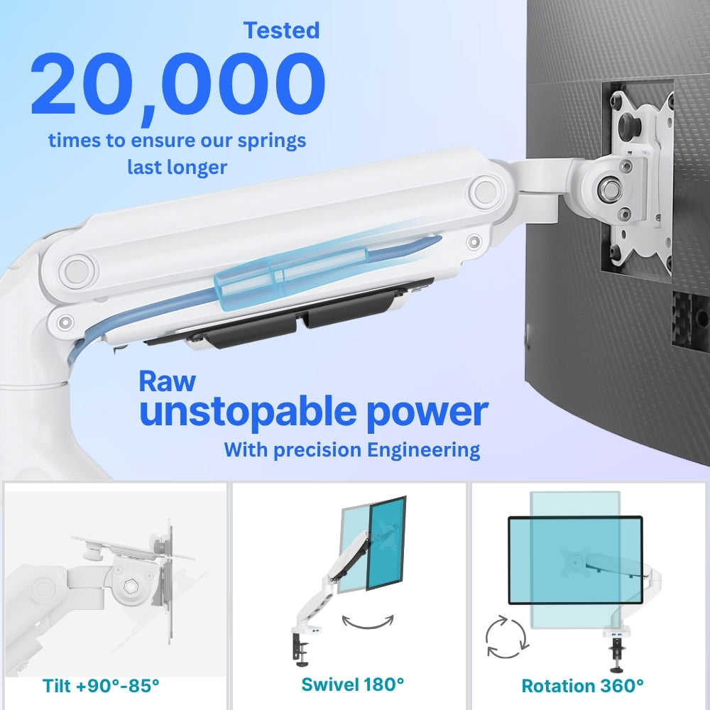 UNIQ MOUNTS Economical Arm Single Spring Assisted White With 2 USB Port