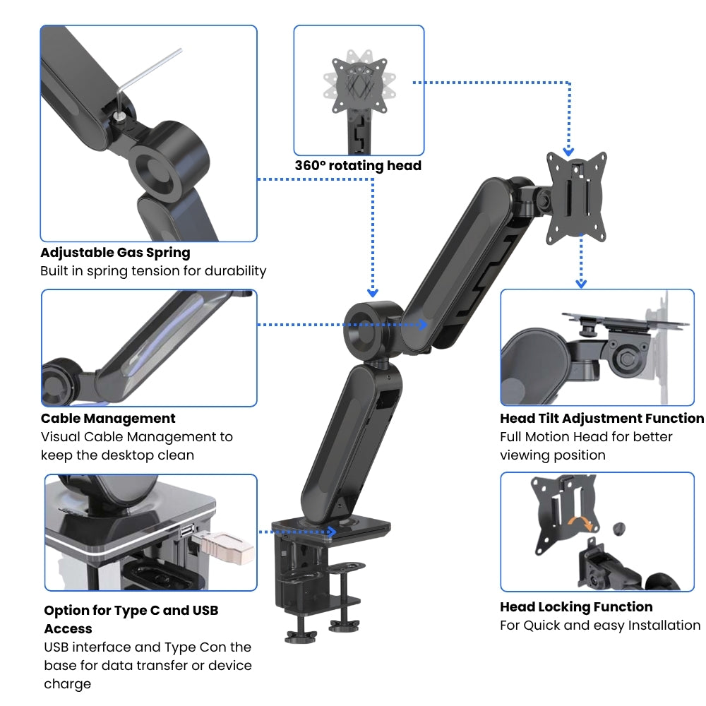 UNIQ MOUNTS Heavy Duty Premium | 13-42 Inch Gas Spring Single Monitor Arm