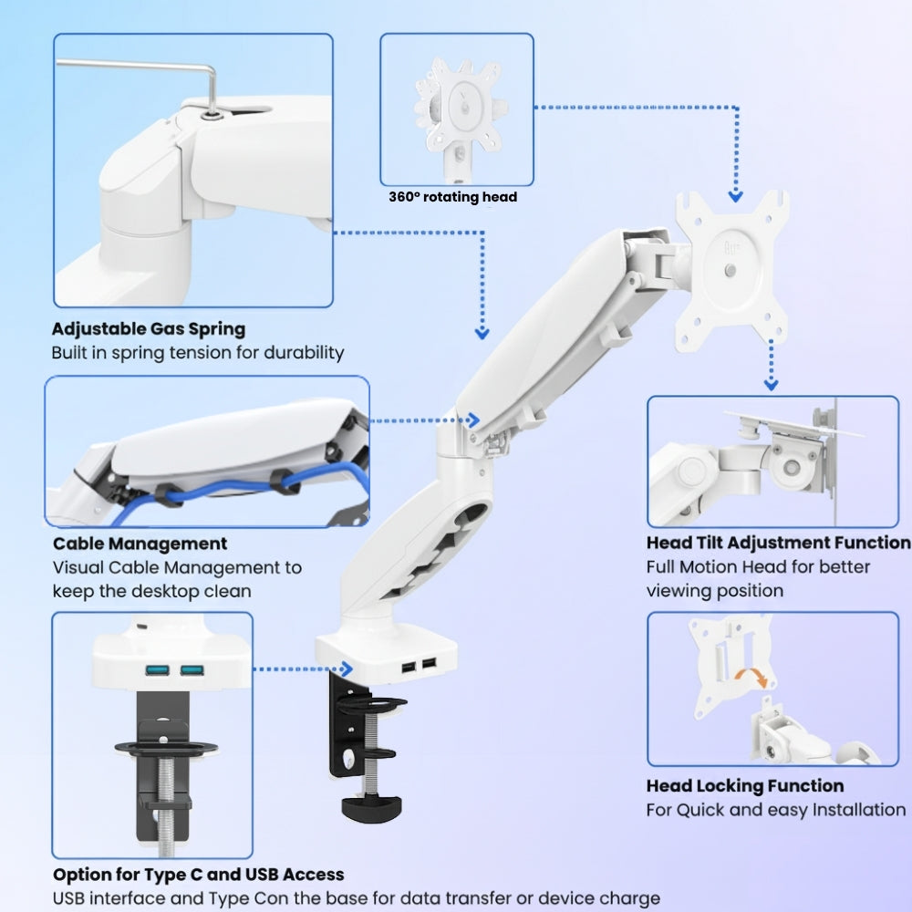 UNIQ MOUNTS Economical Arm Single Spring Assisted White With 2 USB Port