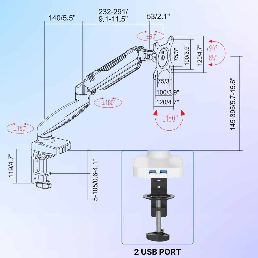 UNIQ MOUNTS Economical Arm Single Spring Assisted White With 2 USB Port
